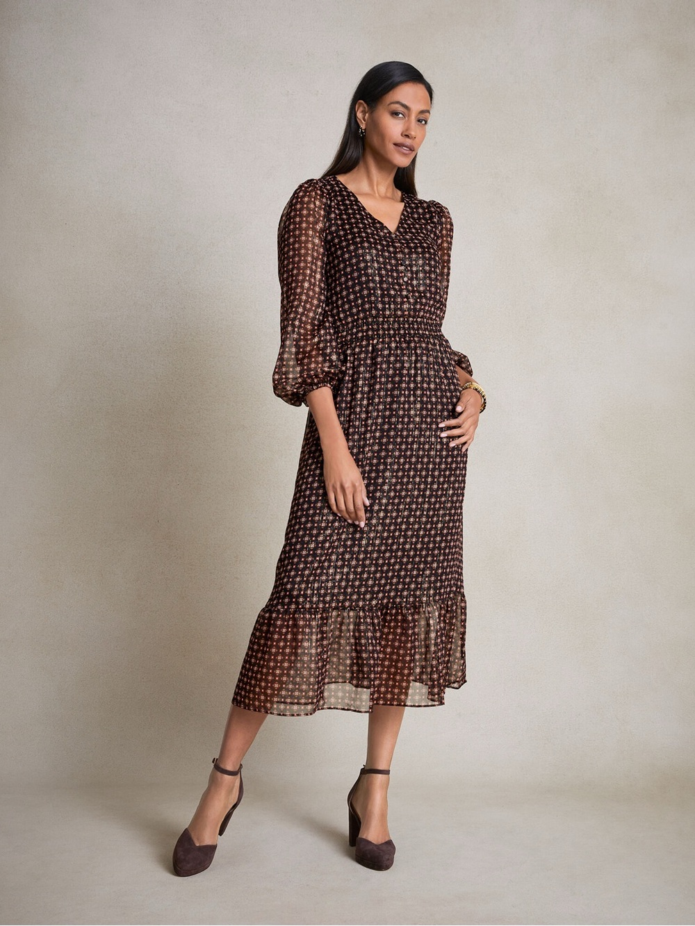 Talbots. FIT & FLARE MIDI DRESS - DAINTY METALLIC MEDALLION 12P.